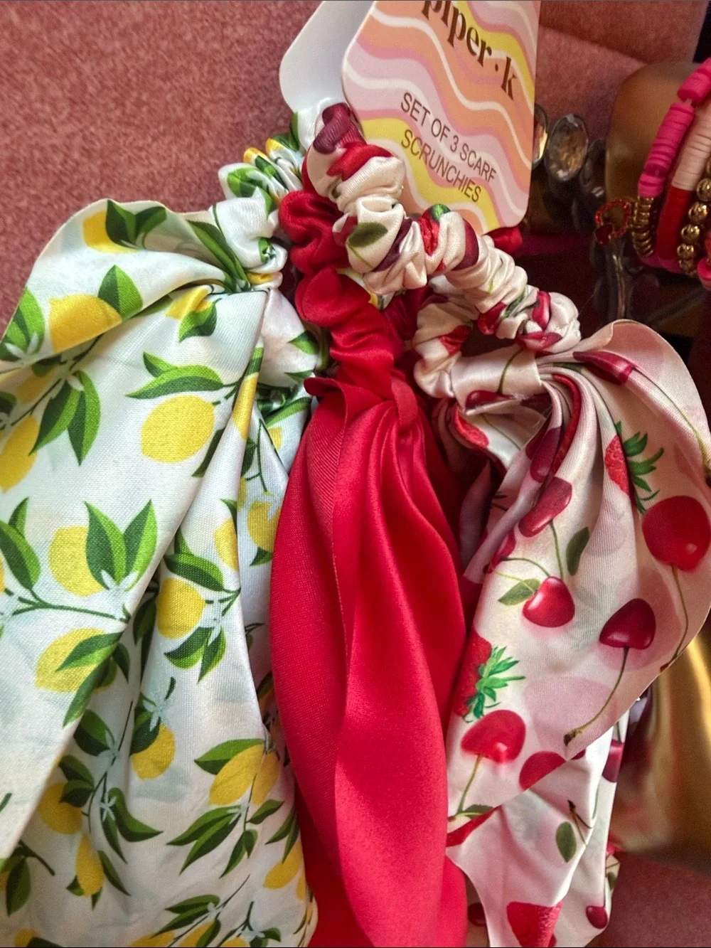 Piper-K Set of 3 Hair Scarf Set in Red, lemon, strawberries/cherries